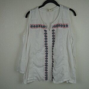 Style & Co Womens White Embroidered‎ Cold Shoulder Blouse Size L Boho Peasant